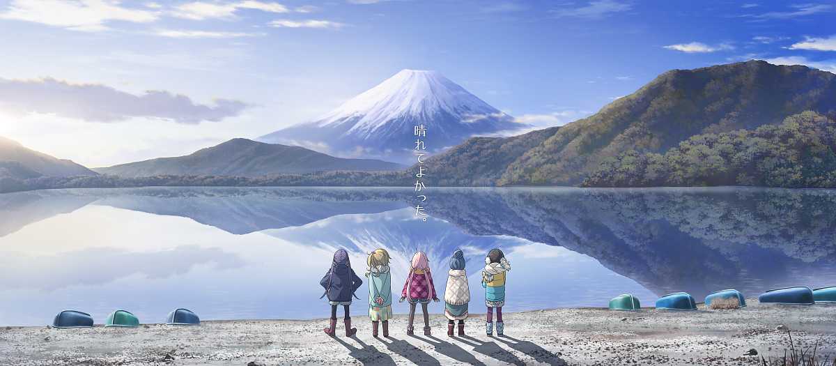 Konachan.com - 254427 boots brown_hair landscape long_hair pantyhose pink_hair ponytail saitou_ena scarf scenic shade shima_rin shorts skirt twintails water yuru_camp