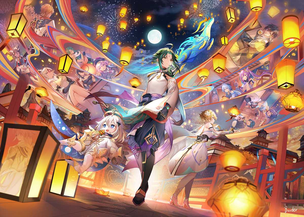 Konachan.com - 324251 aqua_eyes aqua_hair blue_hair border0715 clouds eyepatch fireworks food glasses gloves halo hat long_hair moon night signed sky stars twintails